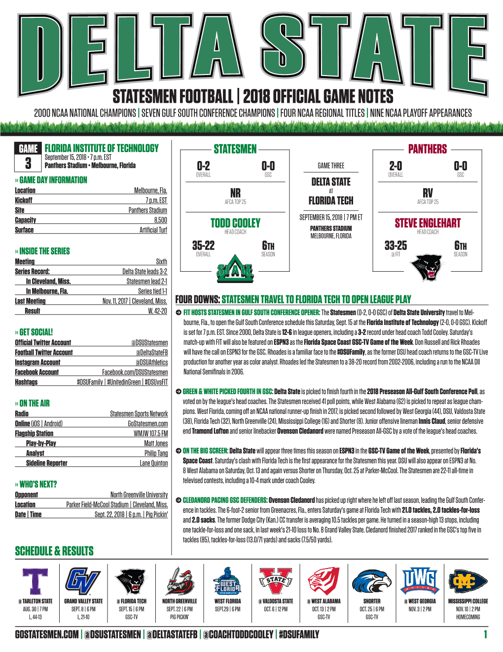 Statesmen Football | 2018 Official Game Notes