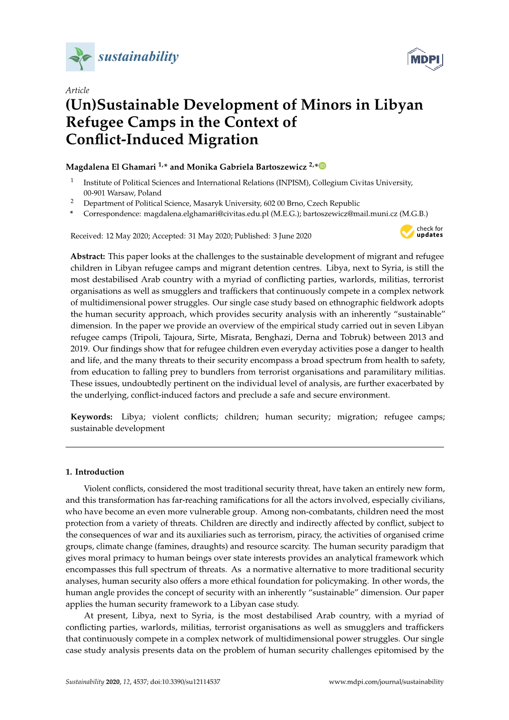 Sustainable Development of Minors in Libyan Refugee Camps in the Context of Conﬂict-Induced Migration