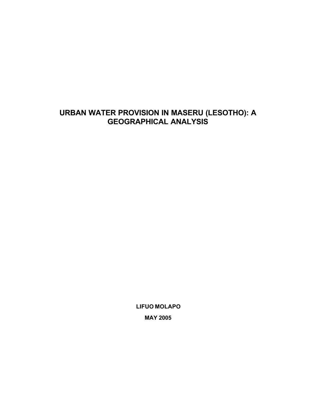 Urban Water Provision in Maseru (Lesotho): a Geographical Analysis