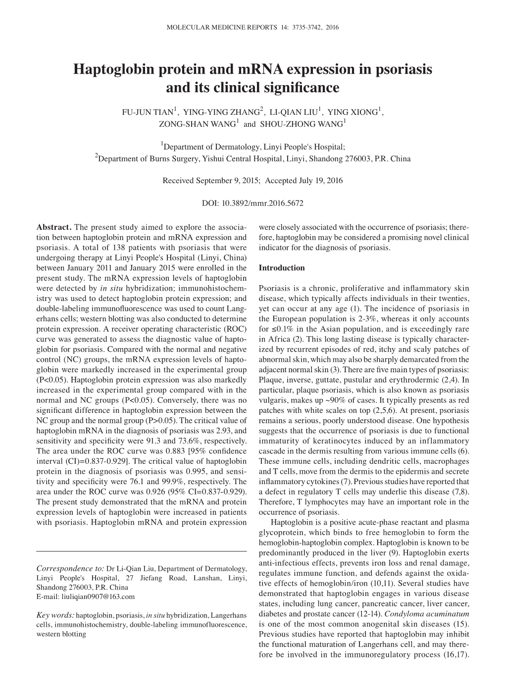 Haptoglobin Protein and Mrna Expression in Psoriasis and Its Clinical Significance