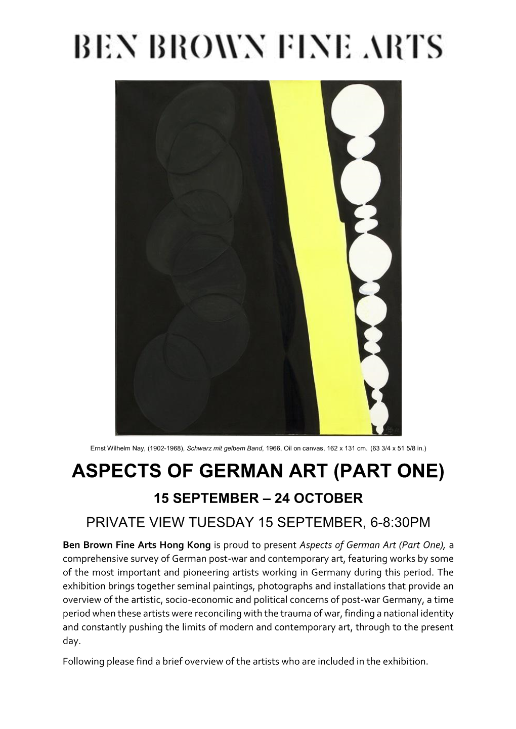 Aspects of German Art (Part One) 15 September – 24 October Private View Tuesday 15 September, 6-8:30Pm