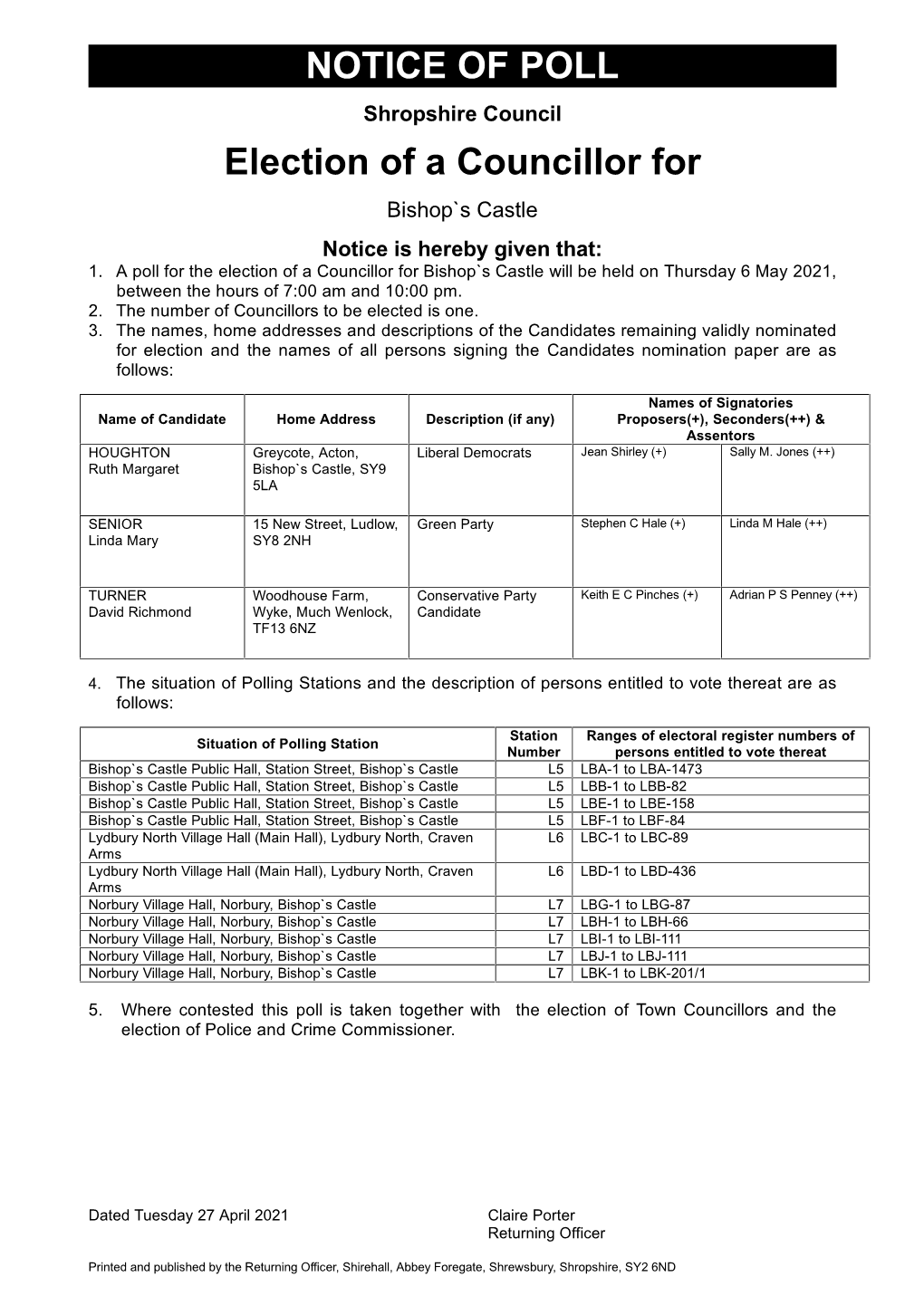 NOTICE of POLL Election of a Councillor