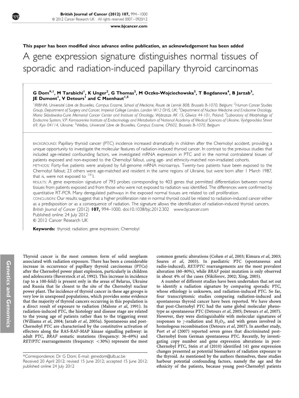 A Gene Expression Signature Distinguishes Normal Tissues of Sporadic and Radiation-Induced Papillary Thyroid Carcinomas