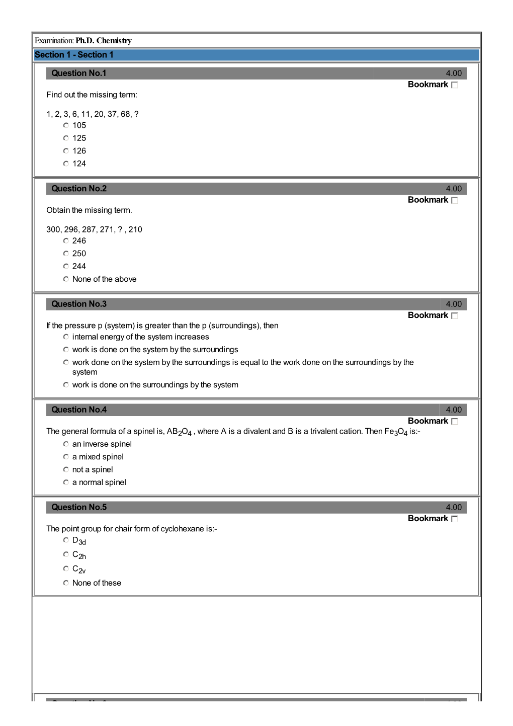 Chemistry Section 1 - Section 1 Question No.1 4.00 Bookmark Find out the Missing Term