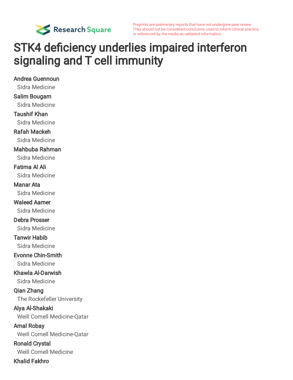 STK4 Deficiency Underlies Impaired Interferon Signaling and T Cell Immunity