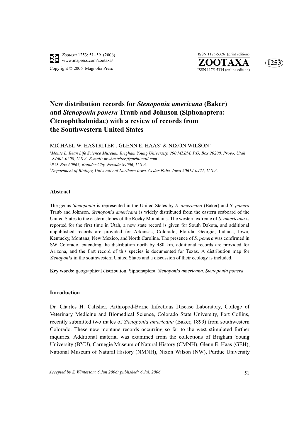 Zootaxa 1253: 51–59 (2006) ISSN 1175-5326 (Print Edition) ZOOTAXA 1253 Copyright © 2006 Magnolia Press ISSN 1175-5334 (Online Edition)