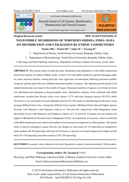 WILD EDIBLE MUSHROOMS of NORTHERN ODISHA, INDIA: DATA on DISTRIBUTION and UTILIZATION by ETHNIC COMMUNITIES Panda MK 1, Thatoi HN 2, Sahu SC 1, Tayung K3* 1