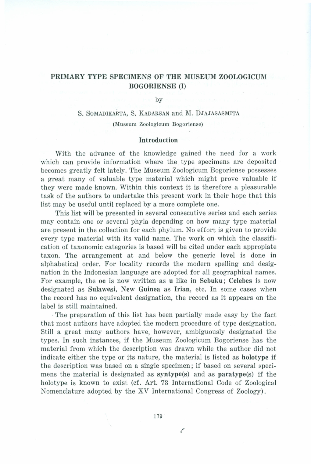 Primary Type Specimens of the Museum Zoologicum Bogoriense (I)