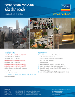 Tower Floors Available Sixth&Rock 64 WEST 48Th Street