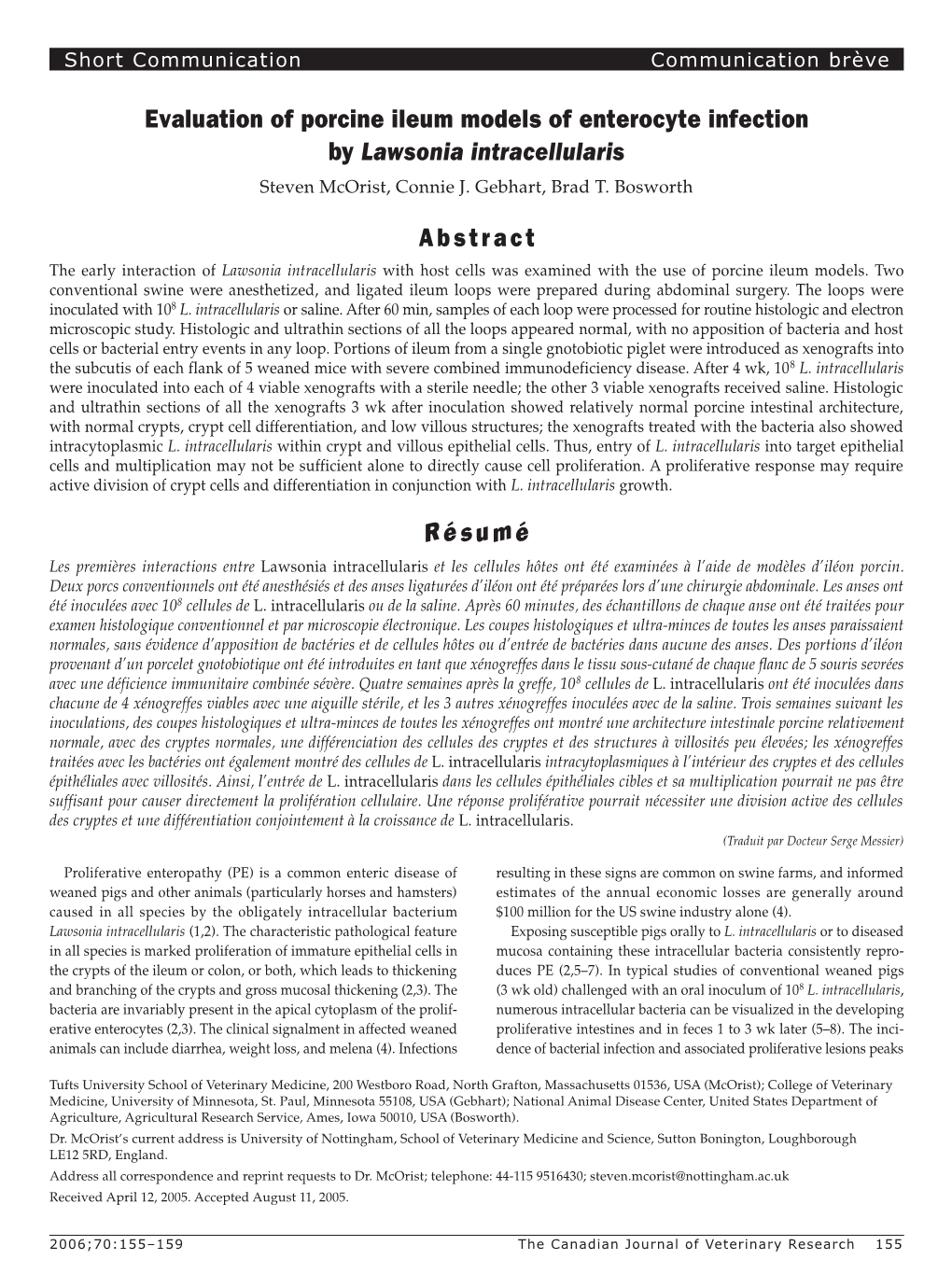 Evaluation of Porcine Ileum Models of Enterocyte Infection by Lawsonia Intracellularis Steven Mcorist, Connie J