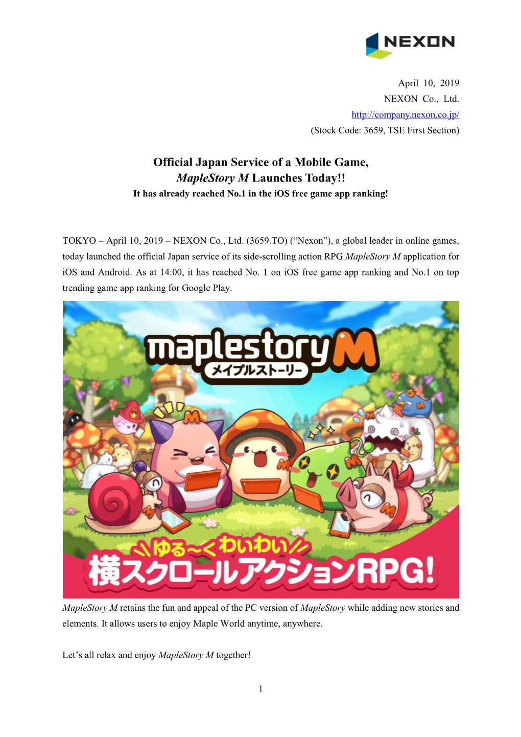 Official Japan Service of a Mobile Game, Maplestory M Launches Today!! It Has Already Reached No.1 in the Ios Free Game App Ranking!