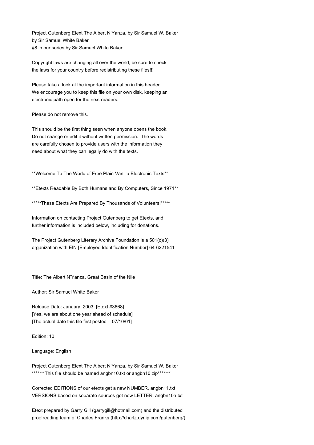 Project Gutenberg Etext the Albert N'yanza, by Sir Samuel W. Baker by Sir Samuel White Baker #8 in Our Series by Sir Samuel White Baker