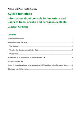 Xylella Fastidiosa Information About Controls for Importers and Users of Trees, Shrubs and Herbaceous Plants