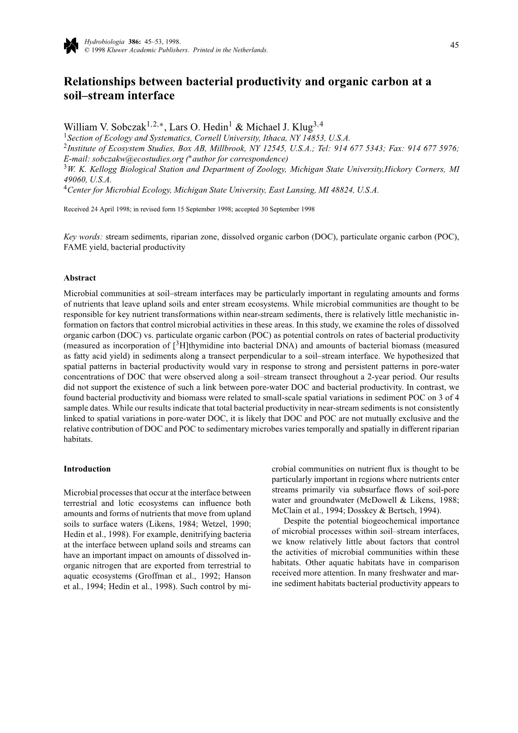 Relationships Between Bacterial Productivity and Organic Carbon at a Soil–Stream Interface