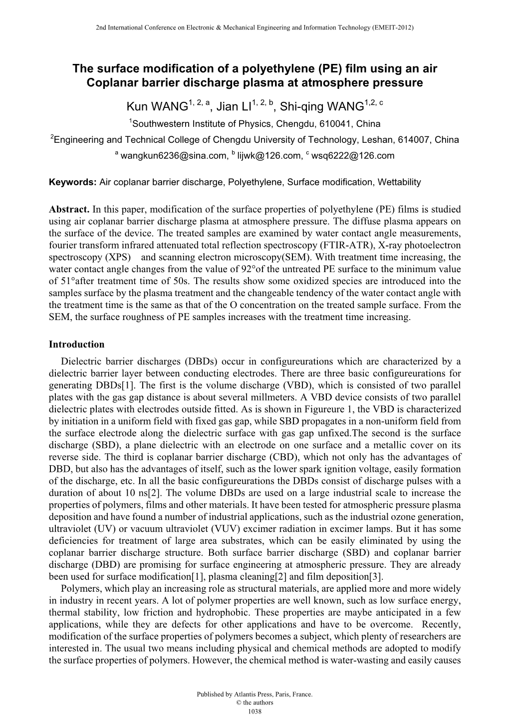 The Surface Modification of a Polyethylene (PE) Film Using an Air Coplanar Barrier Discharge Plasma at Atmosphere Pressure