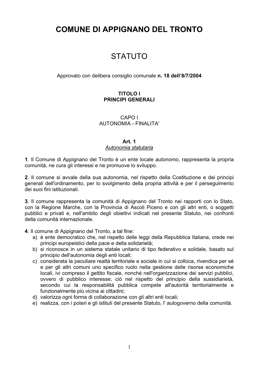 Comune Di Appignano Del Tronto Statuto