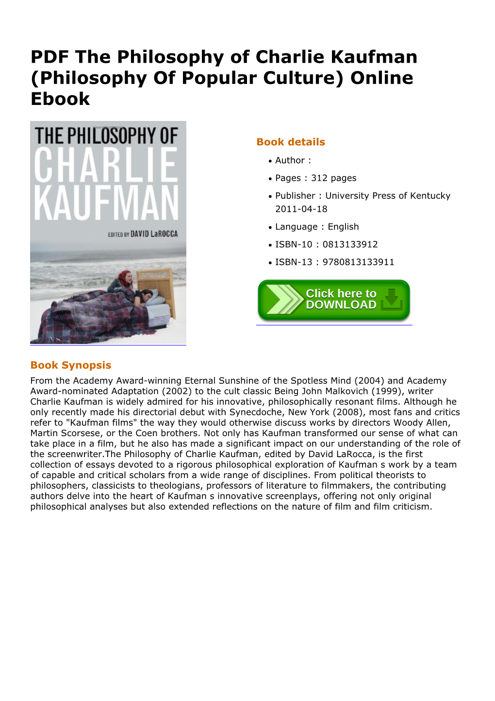 PDF the Philosophy of Charlie Kaufman (Philosophy of Popular Culture) Online Ebook