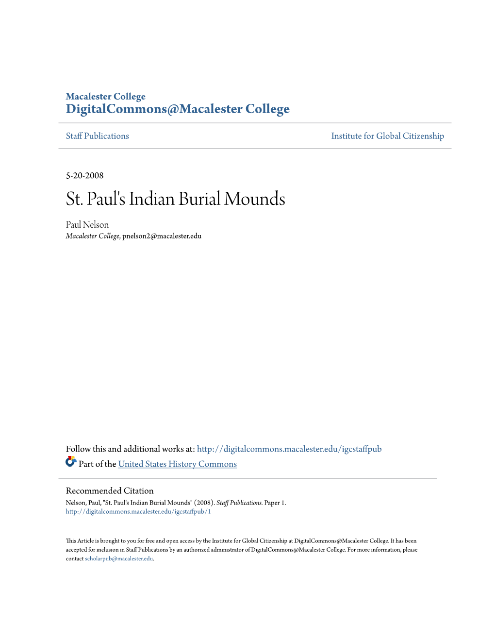 St. Paul's Indian Burial Mounds Paul Nelson Macalester College, Pnelson2@Macalester.Edu