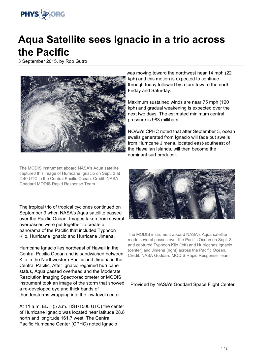 Aqua Satellite Sees Ignacio in a Trio Across the Pacific 3 September 2015, by Rob Gutro