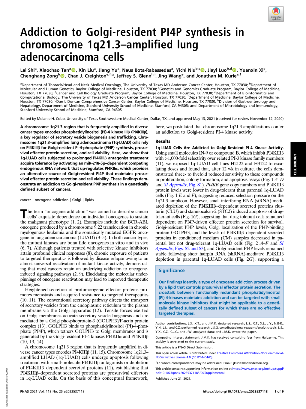 Addiction to Golgi-Resident PI4P Synthesis in Chromosome 1Q21.3–Amplified Lung Adenocarcinoma Cells