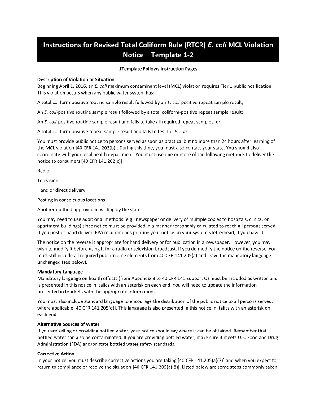 Instructions for Revised Total Coliform Rule (RTCR) E. Coli MCL Violation Notice Template 1-2