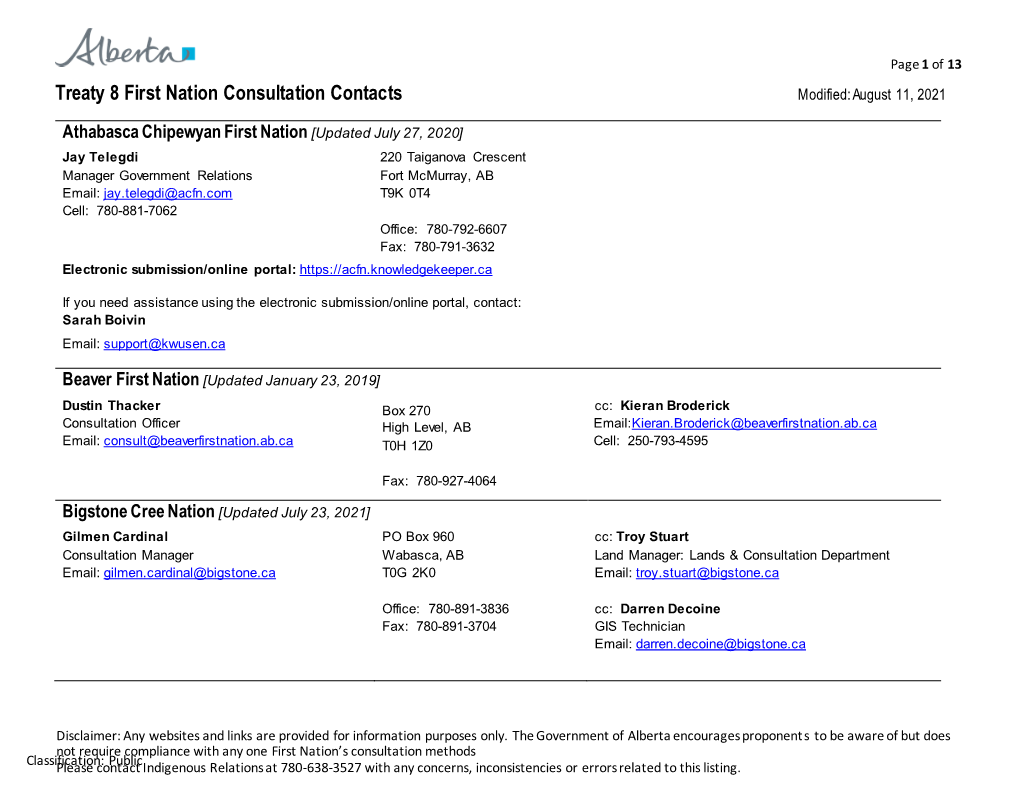 Treaty 8 Consultation Contacts