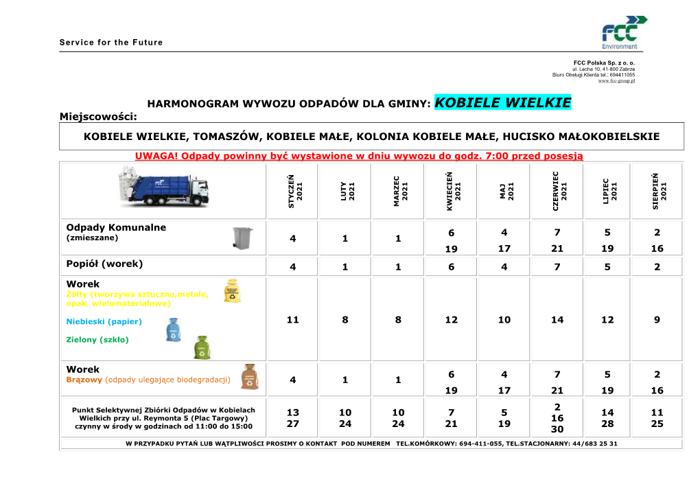 Harmonogram Odbioru Odpadów Komunalnych W Gminie Kobiele Wielkie W Okresie Od Stycznia Do Sierpnia 2021R