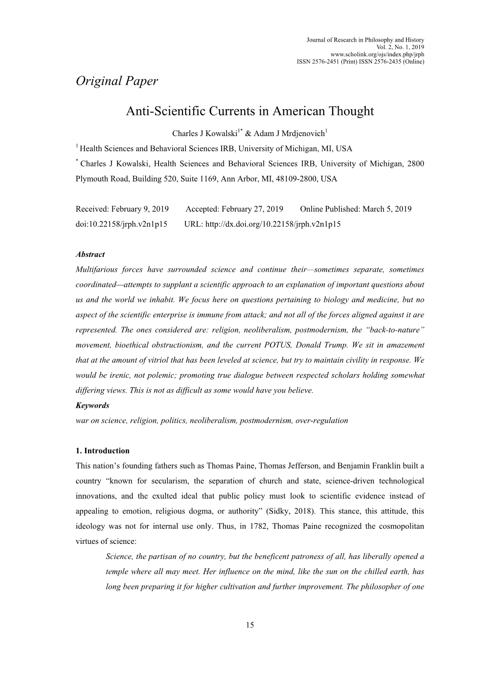 Original Paper Anti-Scientific Currents in American Thought