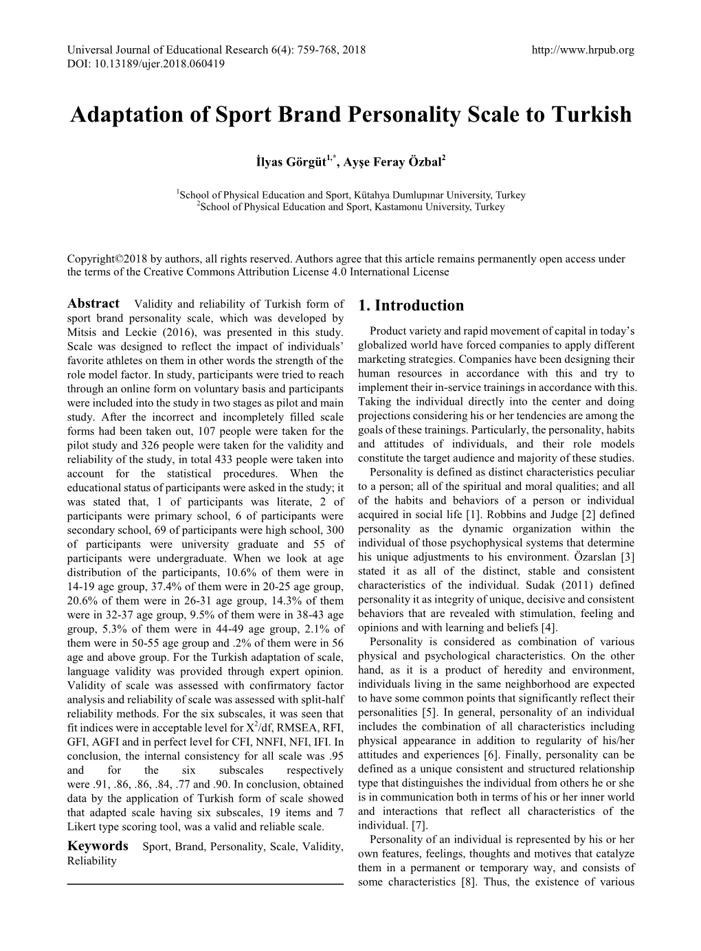 Adaptation of Sport Brand Personality Scale to Turkish