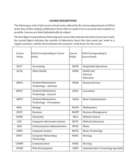 COURSE DESCRIPTIONS the Following Is a List of All Courses of Instruction Offered by the Various Departments at SUSLA at the Time of This Catalog’S Publication