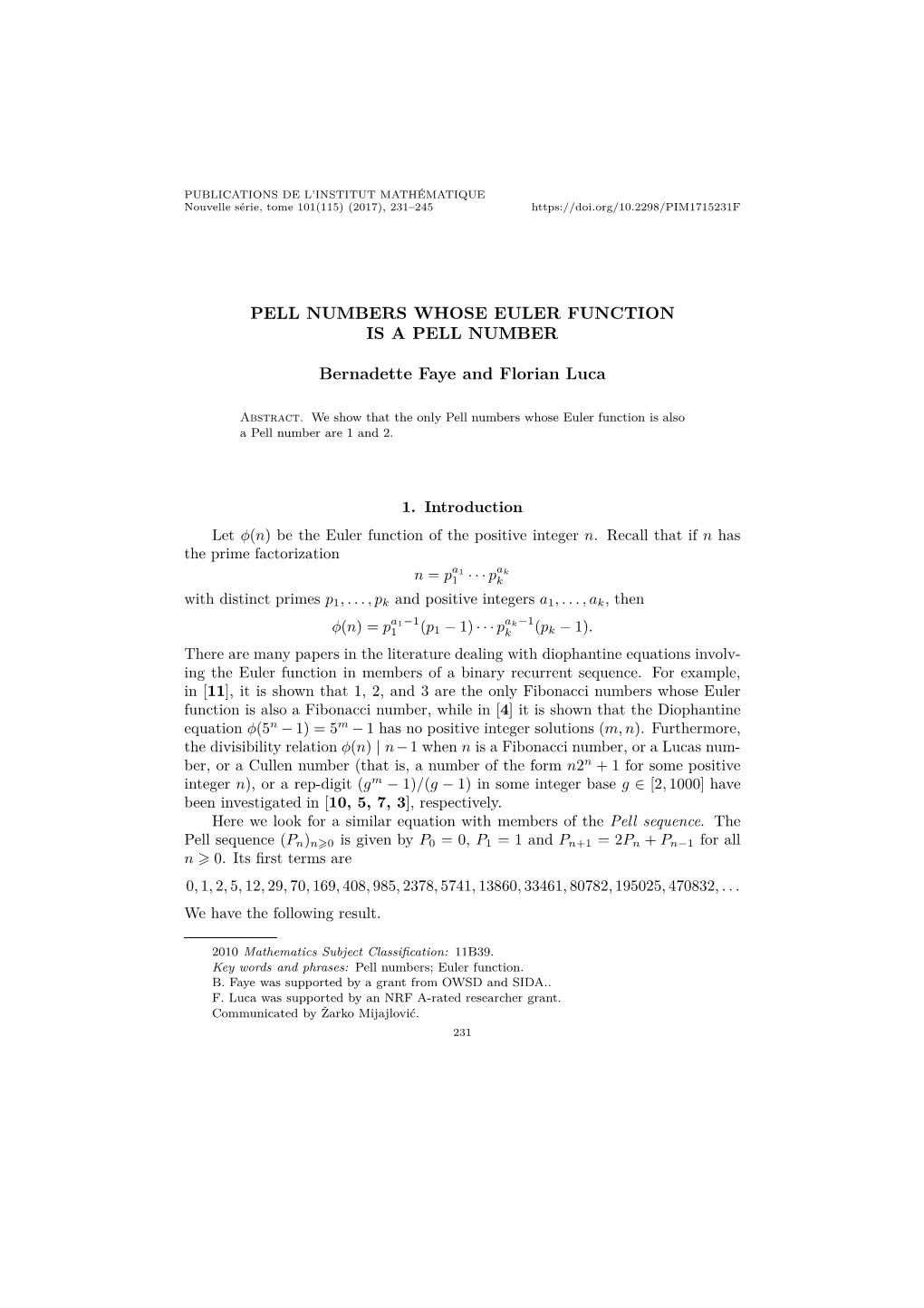 Pell Numbers Whose Euler Function Is A Pell Number DocsLib