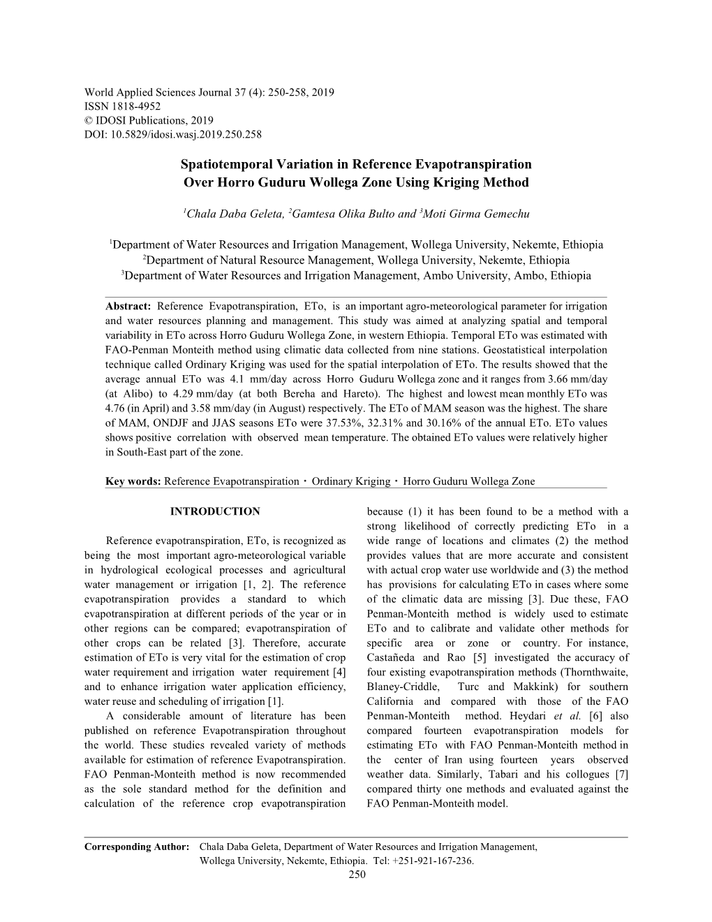 Spatiotemporal Variation in Reference Evapotranspiration Over Horro Guduru Wollega Zone Using Kriging Method