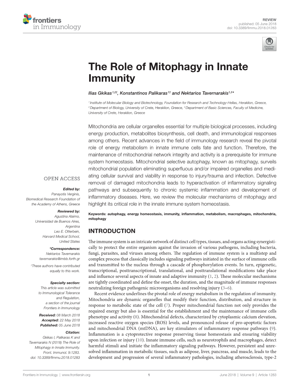 The Role of Mitophagy in Innate Immunity