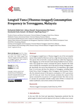 Thunnus Tonggol) Consumption Frequency in Terengganu, Malaysia