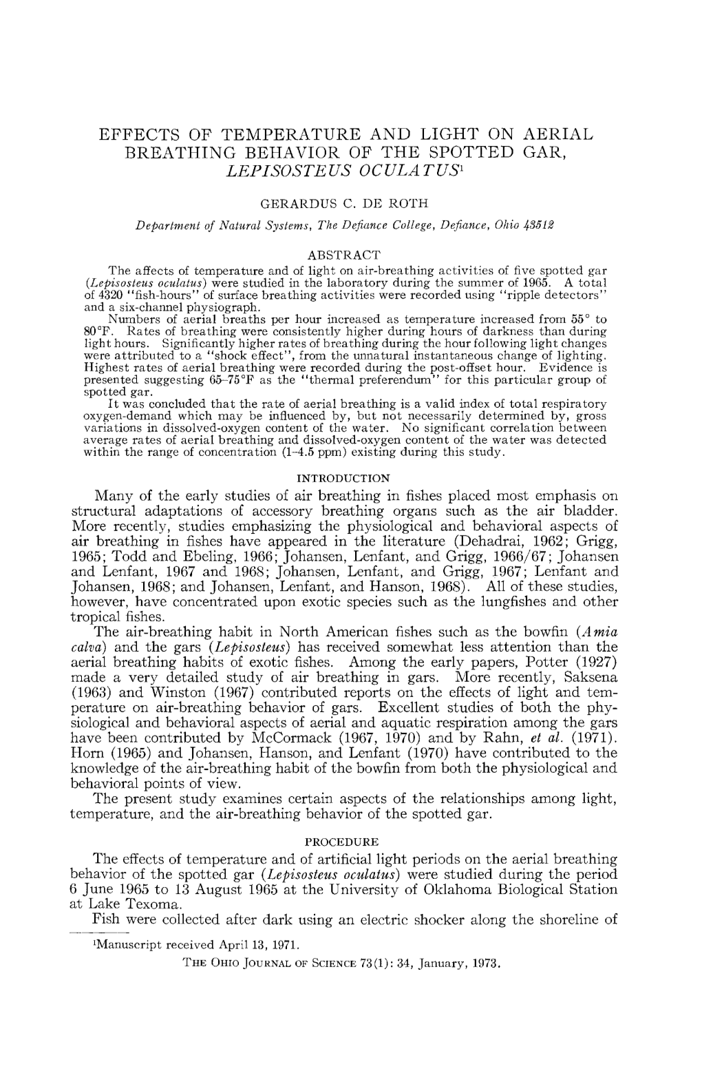 Effects of Temperature and Light on Aerial Breathing Behavior of the Spotter Gar, Lepisosteus Oculatus