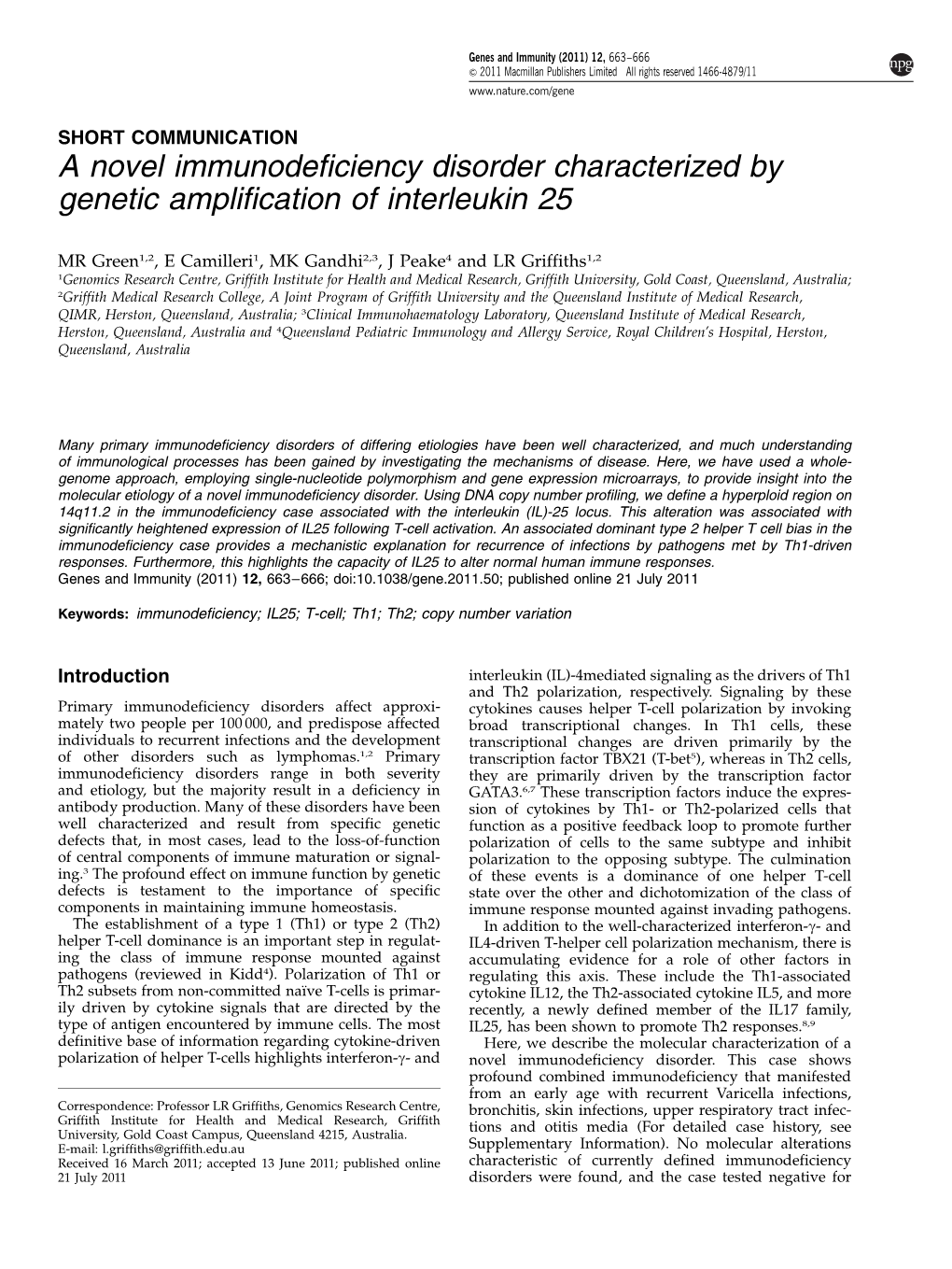 A Novel Immunodeficiency Disorder Characterized by Genetic Amplification of Interleukin 25