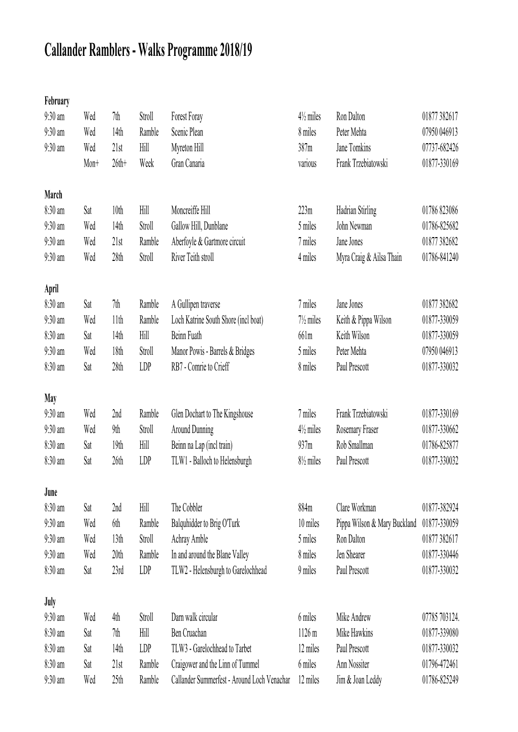 Callander Ramblers - Walks Programme 2018/19