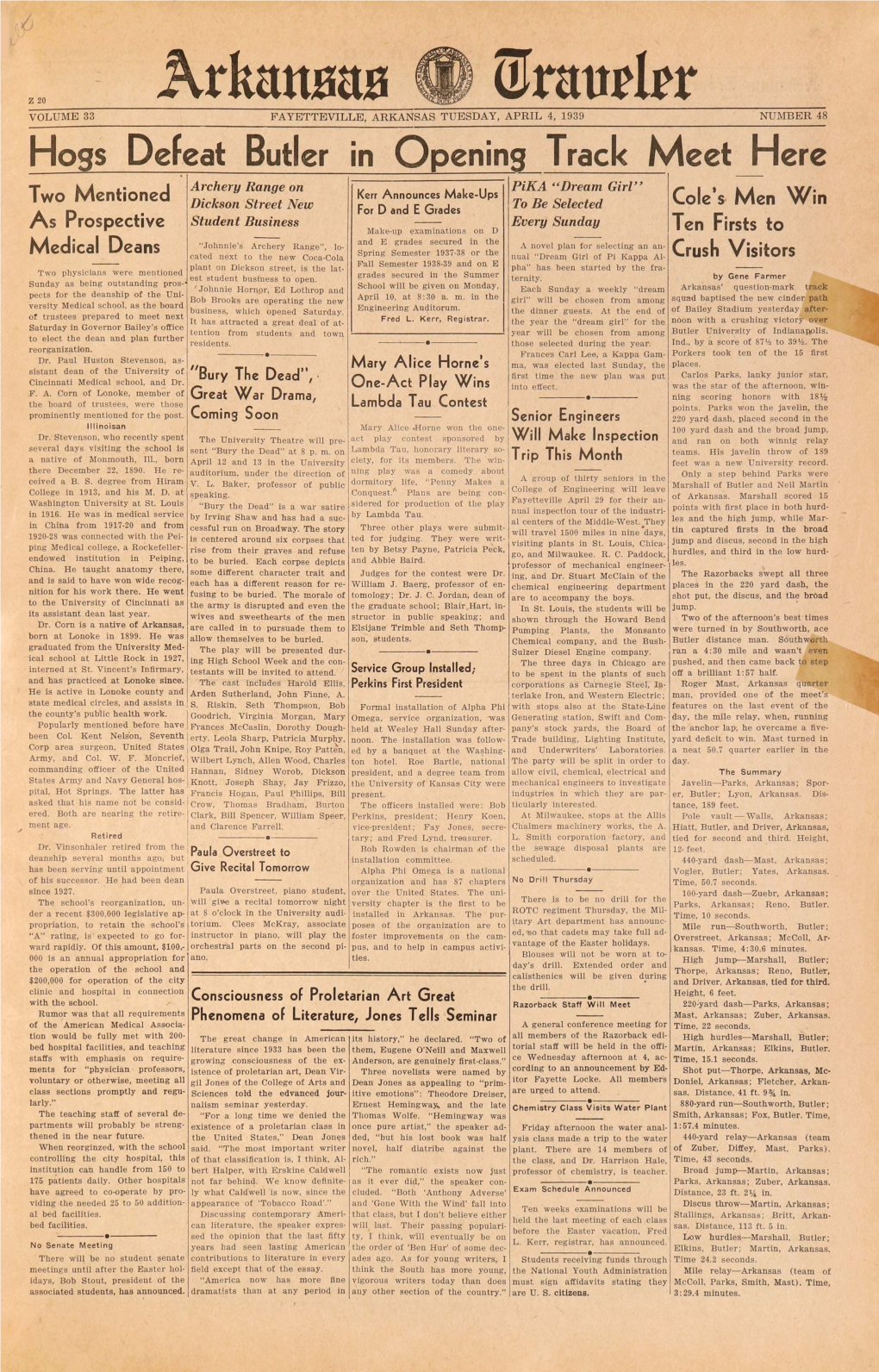 Arkuunub Wruurlrr VOLUME 33 FAYETTEVILLE, ARKANSAS TUESDAY, APRIL 4, 1939 NUMBER 48