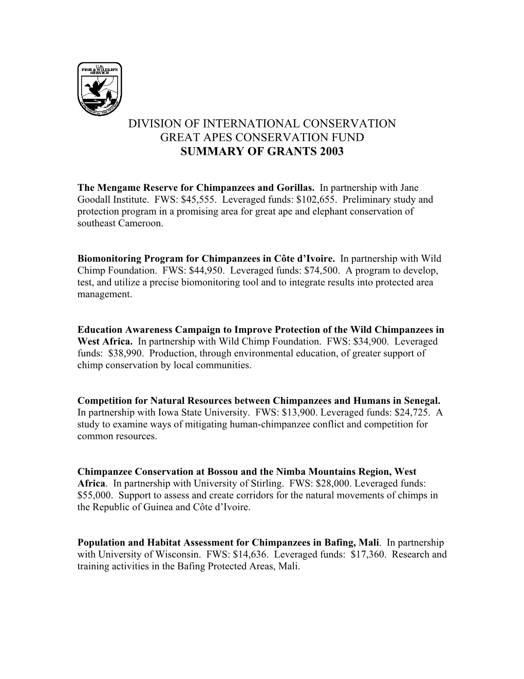 Division of International Conservation Great Apes Conservation Fund Summary of Grants 2003