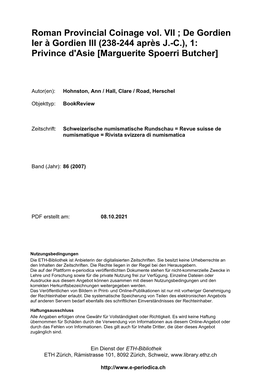 Roman Provincial Coinage Vol. VII ; De Gordien Ier À Gordien III (238-244 Après J.-C.), 1: Privince D'asie [Marguerite Spoerri Butcher]