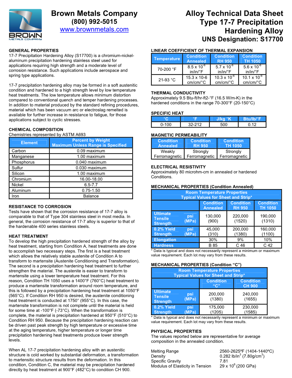 Brown Metals Company Alloy Technical Data Sheet Type 17-7