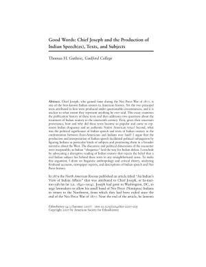 Good Words: Chief Joseph and the Production of Indian Speech(Es), Texts, and Subjects
