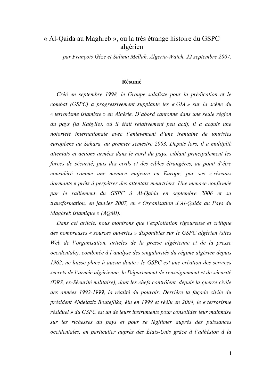 « Al-Qaida Au Maghreb », Ou La Très Étrange Histoire Du GSPC Algérien Par François Gèze Et Salima Mellah, Algeria-Watch, 22 Septembre 2007