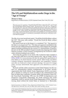 Article the UN and Multilateralism Under Siege in the “Age of Trump” Thomas G