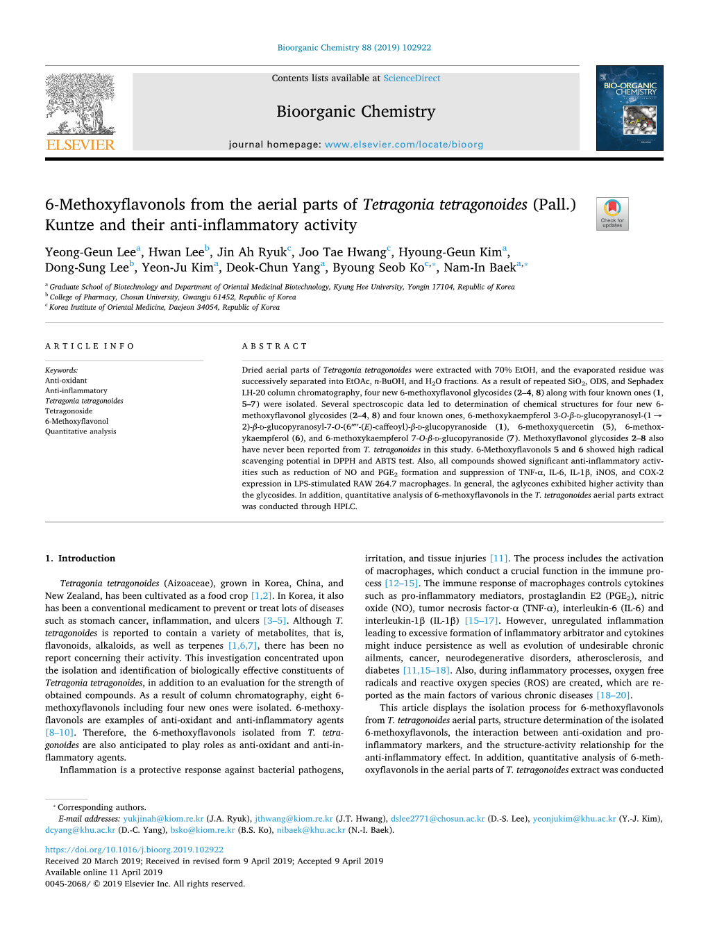 6-Methoxyflavonols from the Aerial Parts of Tetragonia Tetragonoides