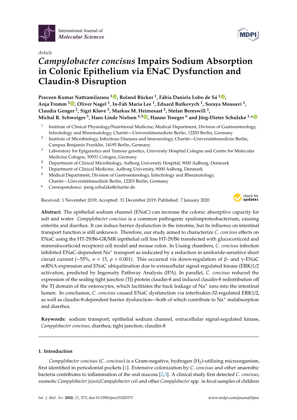 Campylobacter Concisus Impairs Sodium Absorption in Colonic Epithelium Via Enac Dysfunction and Claudin-8 Disruption