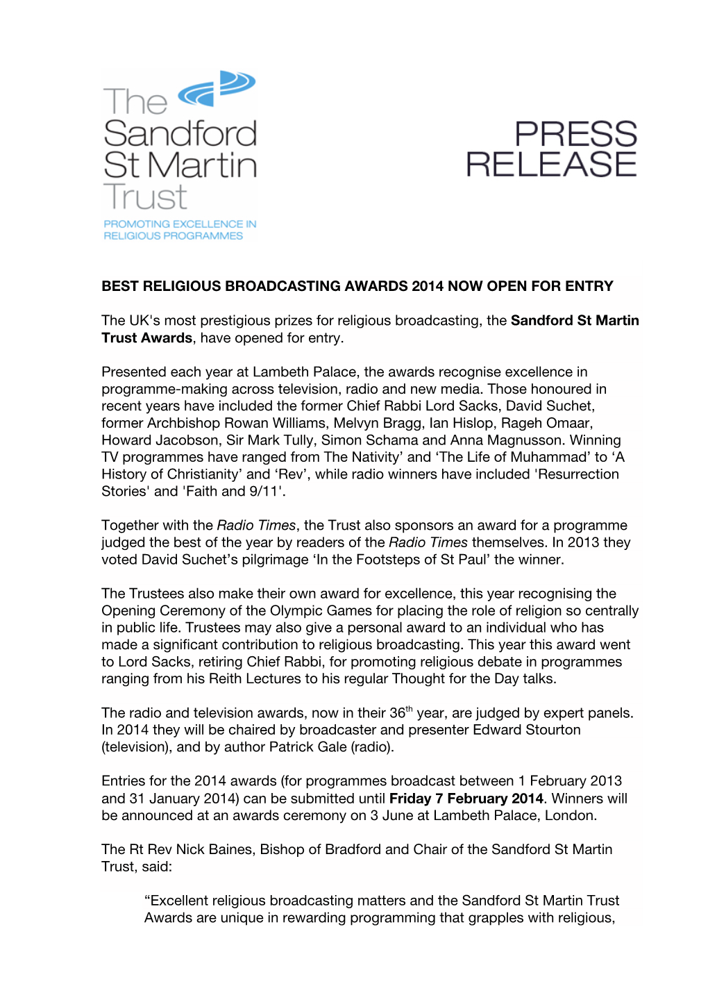 Best Religious Broadcasting Awards 2014 Now Open for Entry