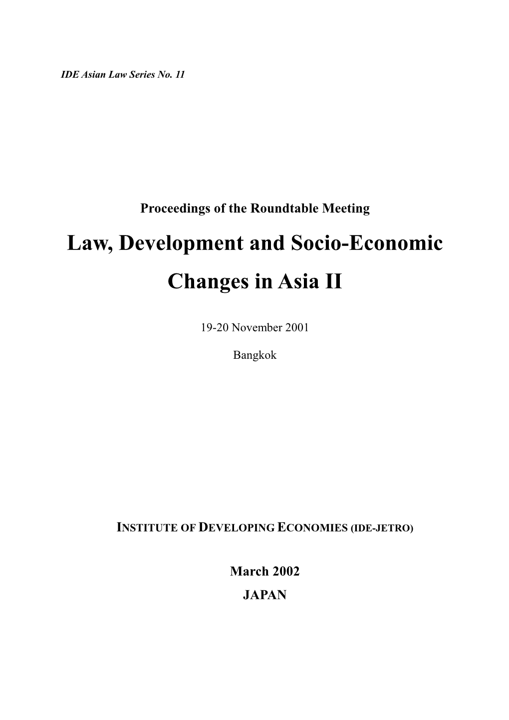 Law, Development and Socio-Economic Changes in Asia II