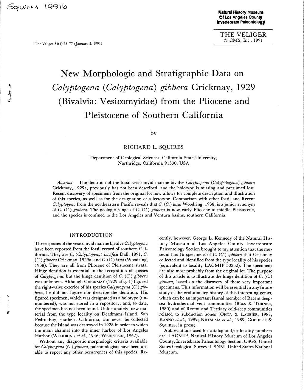 Calyptogena (Calyptogena) Gibbera Crickmay, 1929 (Bivalvia: Vesicomyidae) from the Pliocene and Pleistocene of Southern California