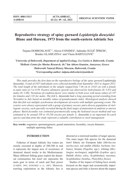 Reproductive Strategy of Spiny Gurnard Lepidotrigla Dieuzeidei Blanc and Hureau, 1973 from the South-Eastern Adriatic Sea